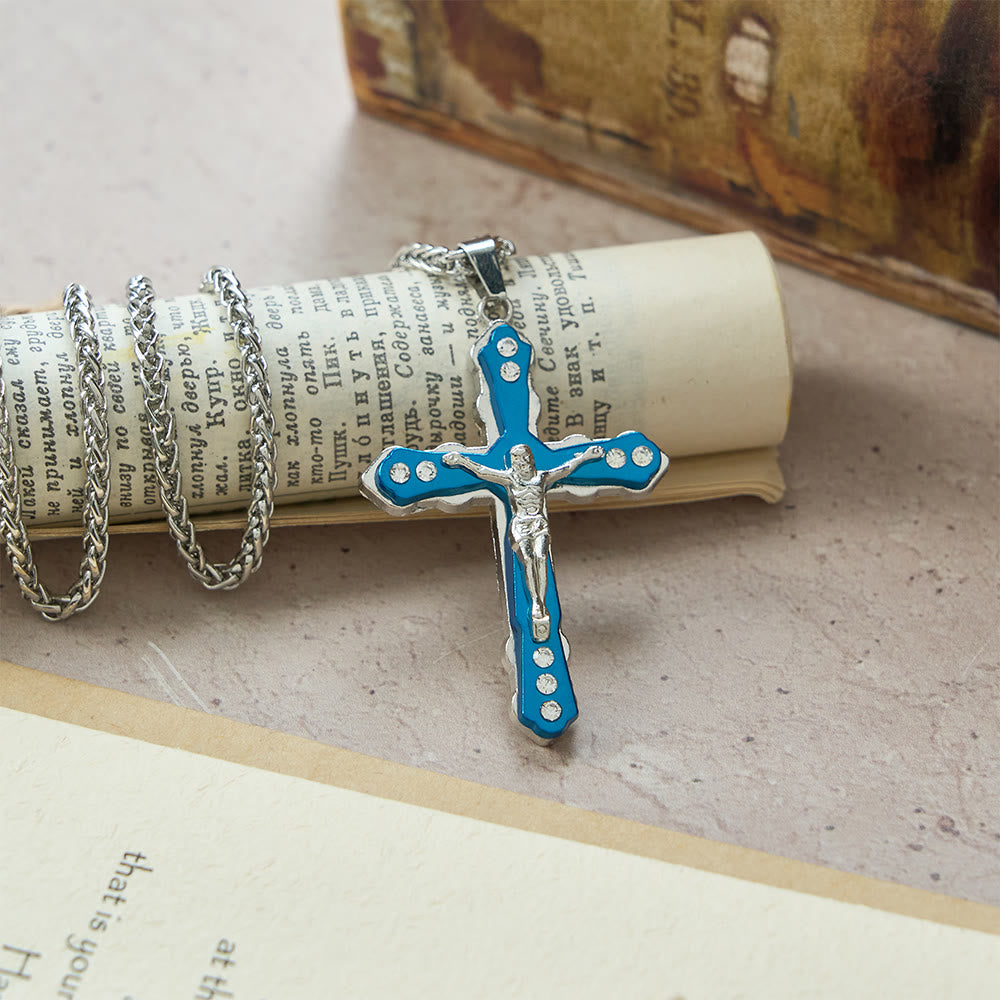 Christianartworkshop Collier crucifix sculpté bleu et argent aux détails raffinés : un accessoire sacré pour la dévotion - Bleu - image 1