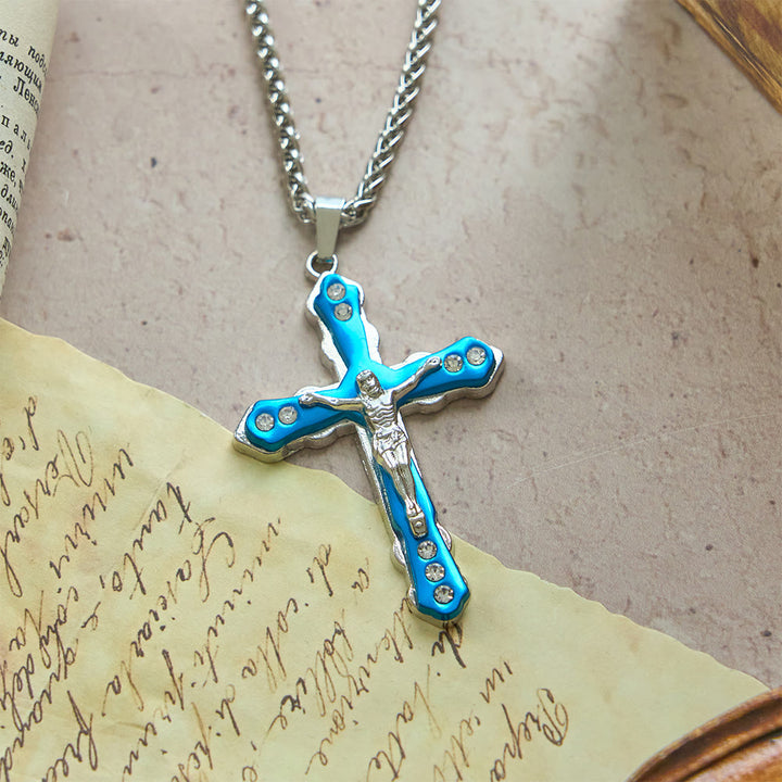 Christianartworkshop Collier crucifix sculpté bleu et argent aux détails raffinés : un accessoire sacré pour la dévotion - image 3