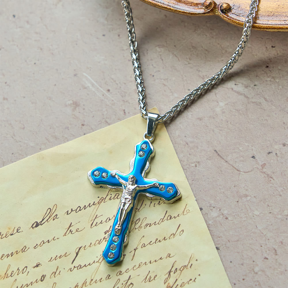 Christianartworkshop Collier crucifix sculpté bleu et argent aux détails raffinés : un accessoire sacré pour la dévotion - image 5