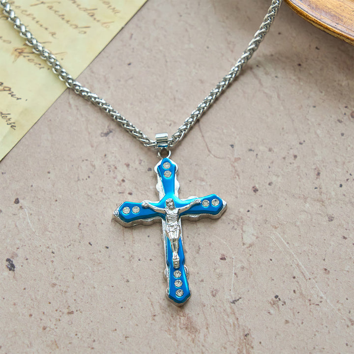 Christianartworkshop Collier crucifix sculpté bleu et argent aux détails raffinés : un accessoire sacré pour la dévotion - image 4