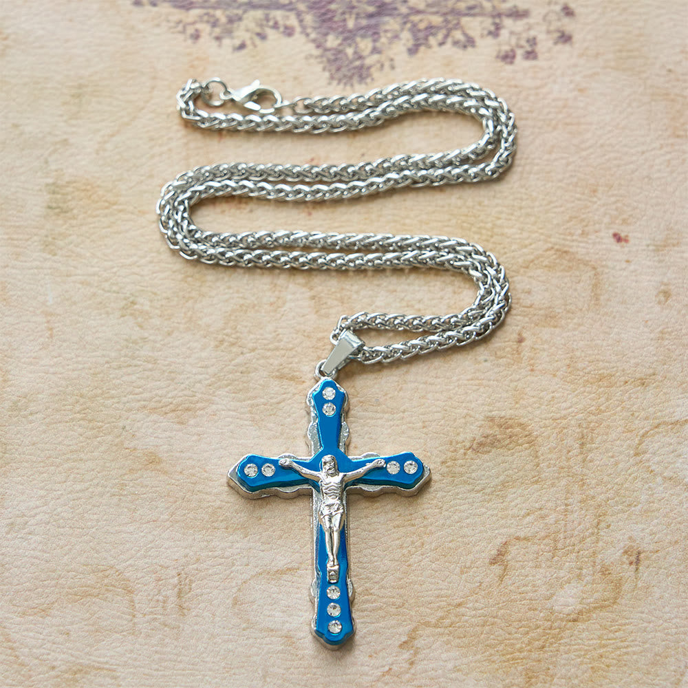 Christianartworkshop Collier crucifix sculpté bleu et argent aux détails raffinés : un accessoire sacré pour la dévotion - image 2