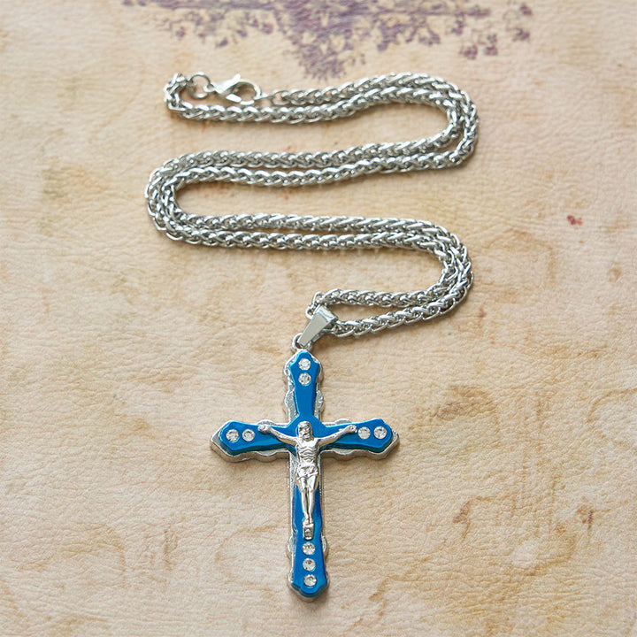 Christianartworkshop Collier crucifix sculpté bleu et argent aux détails raffinés : un accessoire sacré pour la dévotion - image 2