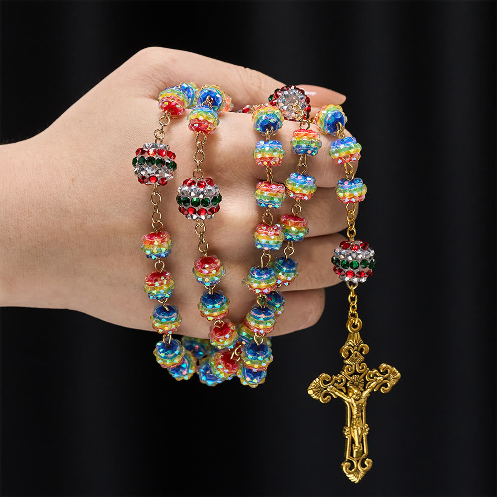 Chapelet de Noël en perles arc-en-ciel avec croix dorée, Christianartworkshop : dévotion et foi rayonnante - image 1