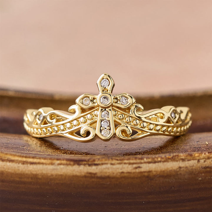 Bague croix-couronne style double poli Christianartworkshop : Portez Sa protection royale près de vous au quotidien - Doré (Convient aux tailles américaines 10 à 15) - image 0