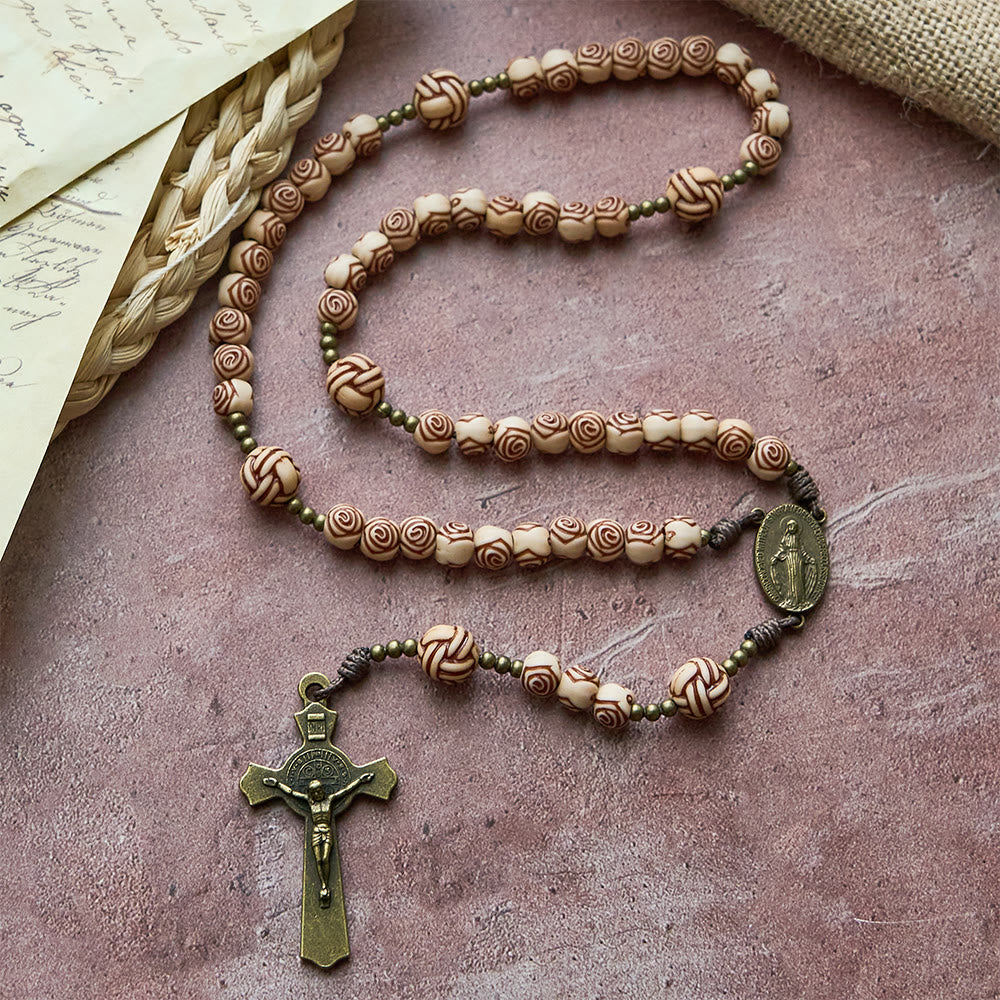 Christianartworkshop Chapelet de perles roses avec crucifix en bronze : Médaillon Notre-Dame pour la dévotion - Chapelet de perles roses - image 0