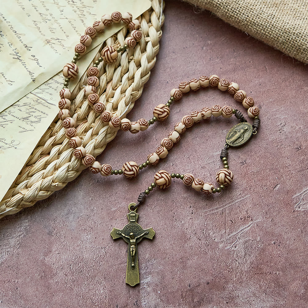 Christianartworkshop Chapelet de perles roses avec crucifix en bronze : Médaillon Notre-Dame pour la dévotion - image 2