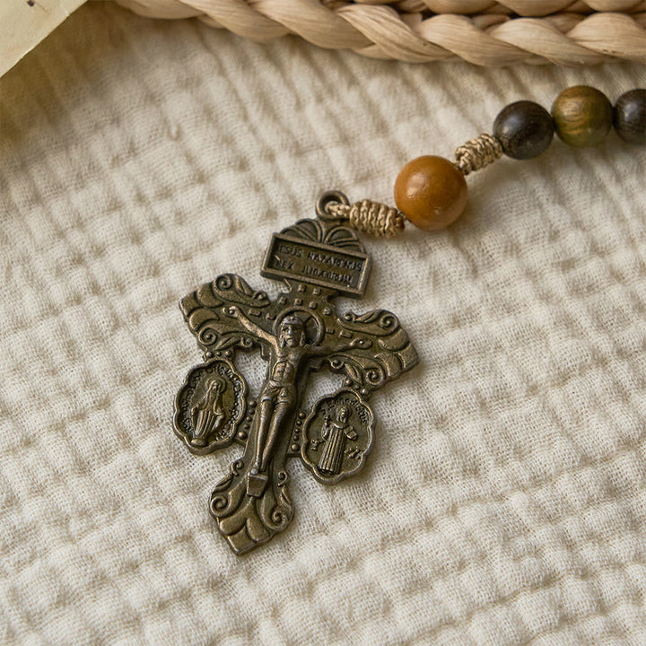 Christianartworkshop Chapelet en perles de bois de santal avec saint Benoît et crucifix : médaillon en bronze - image 6