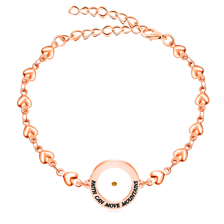 Christianartworkshop Bracelet « Matthieu 17:20 et Luc 1:37 » avec graine de moutarde : maillons en forme de cœur ornés de zircon. - Or rose - Matthieu 17:20 - image 0