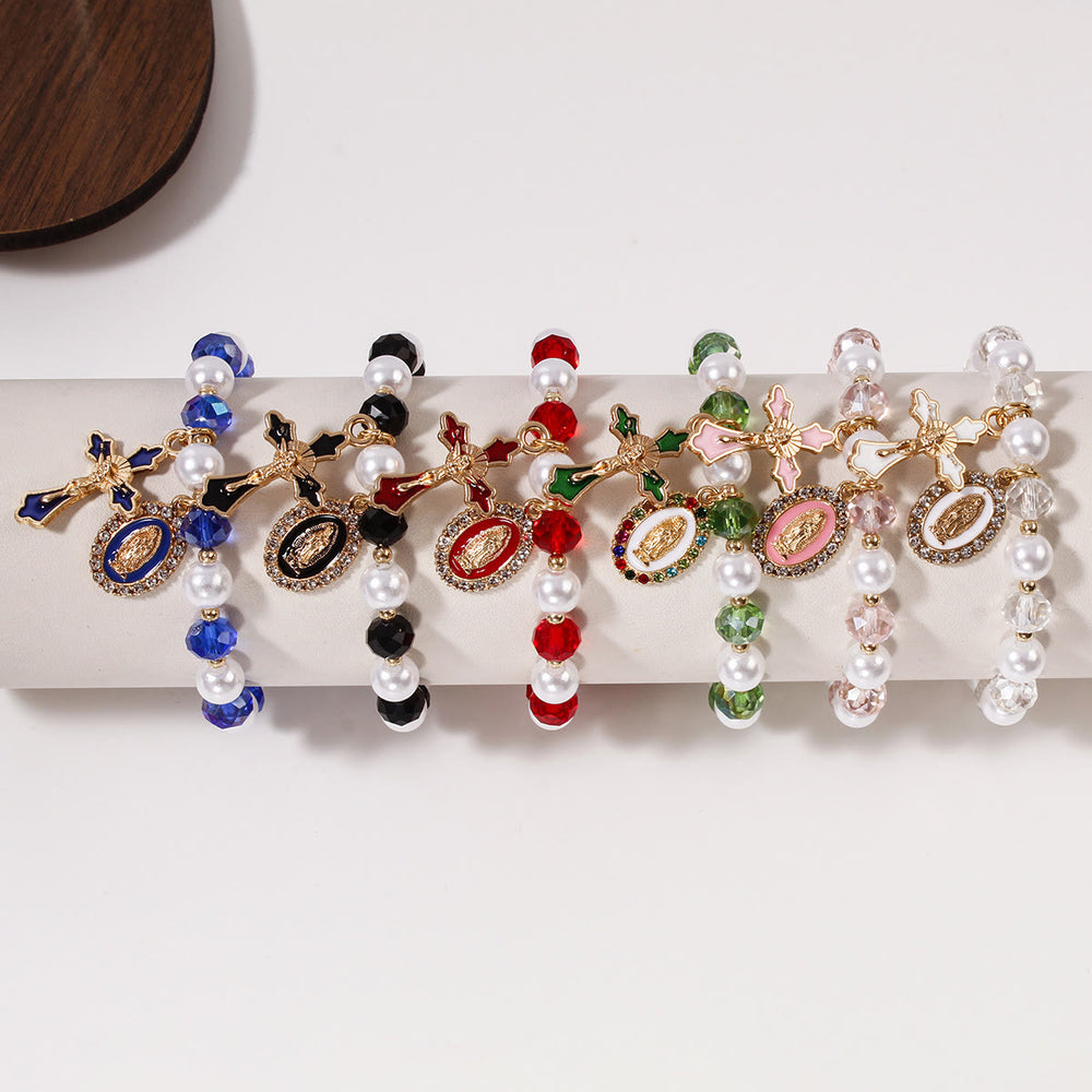 Christianartworkshop Bracelet à perles avec médaillon marial : ornements de Notre-Dame et breloque croix émaillée - image 1
