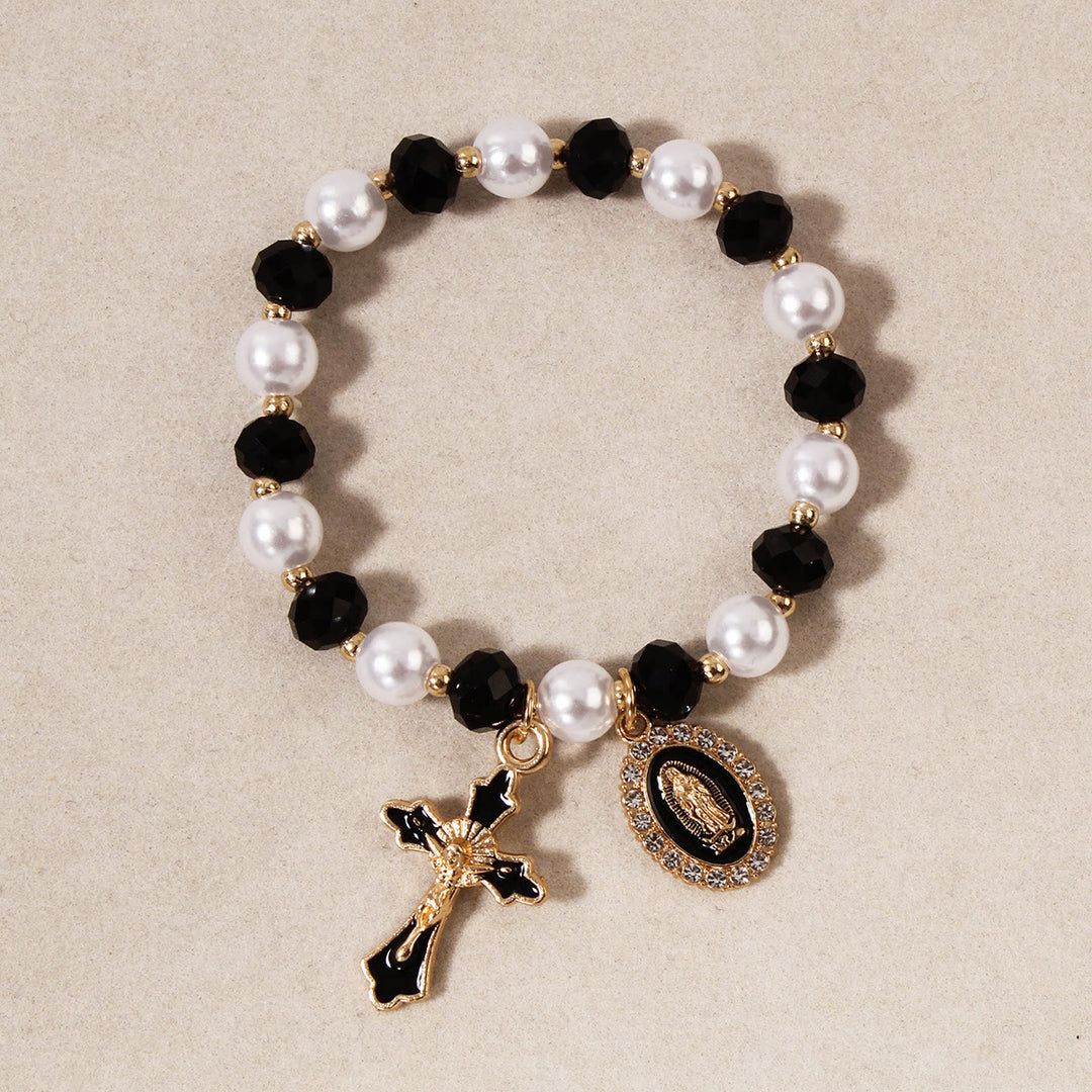 Christianartworkshop Bracelet à perles avec médaillon marial : ornements de Notre-Dame et breloque croix émaillée - Noir - image 3