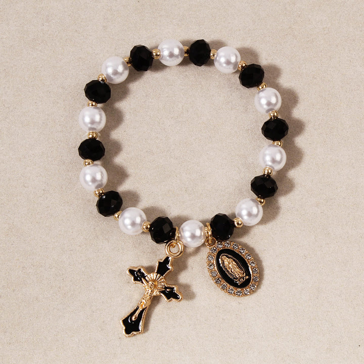 Christianartworkshop Bracelet à perles avec médaillon marial : ornements de Notre-Dame et breloque croix émaillée - Noir - image 3