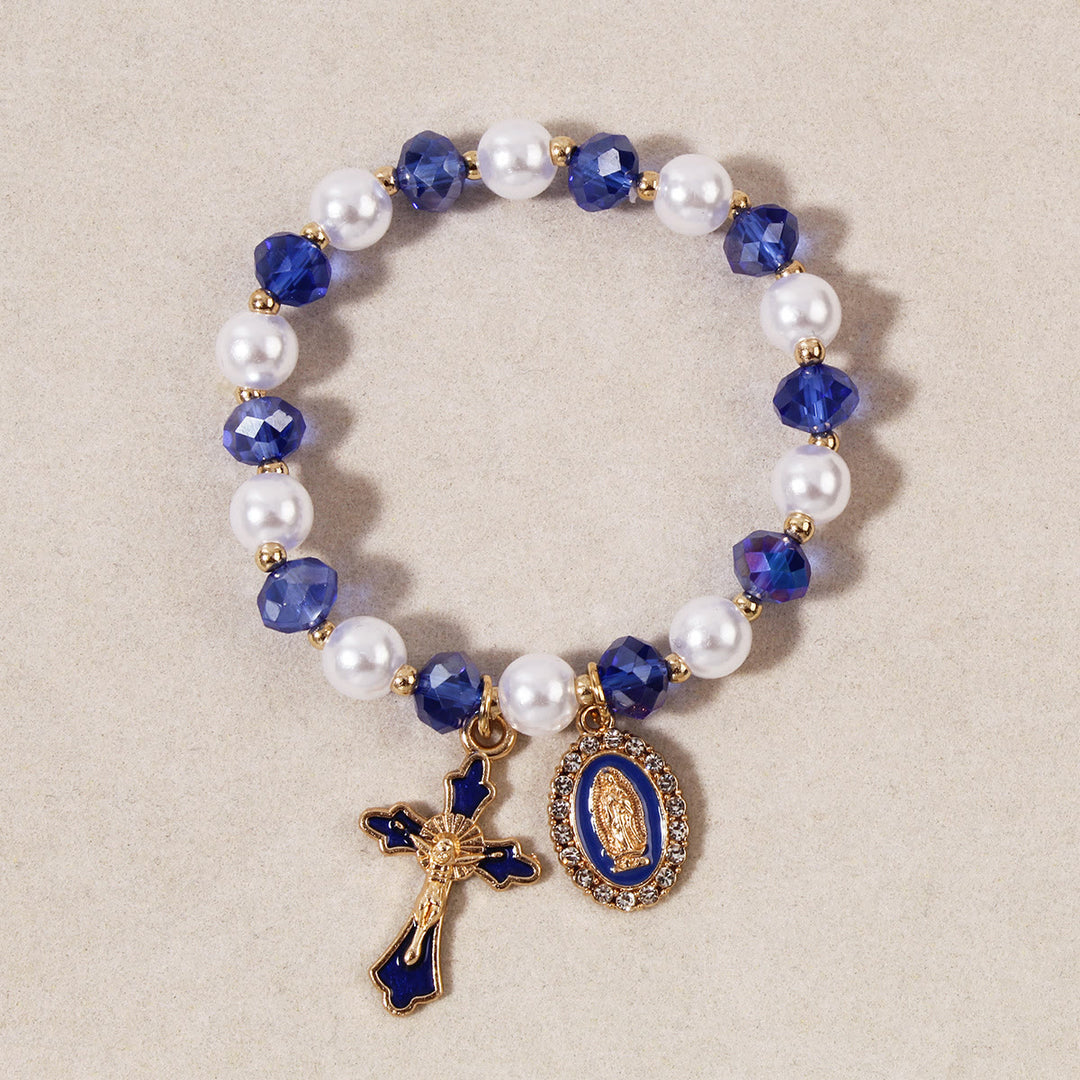 Christianartworkshop Bracelet à perles avec médaillon marial : ornements de Notre-Dame et breloque croix émaillée - Bleu - image 6