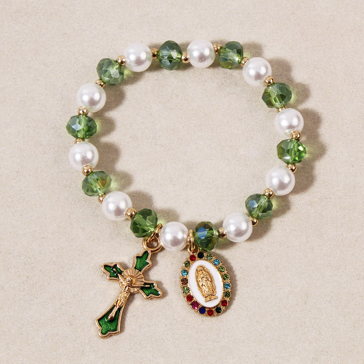 Christianartworkshop Bracelet à perles avec médaillon marial : ornements de Notre-Dame et breloque croix émaillée - Vert - image 0