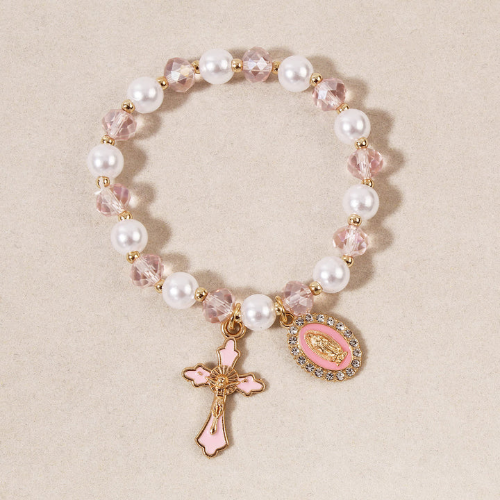 Christianartworkshop Bracelet à perles avec médaillon marial : ornements de Notre-Dame et breloque croix émaillée - Rose - image 4