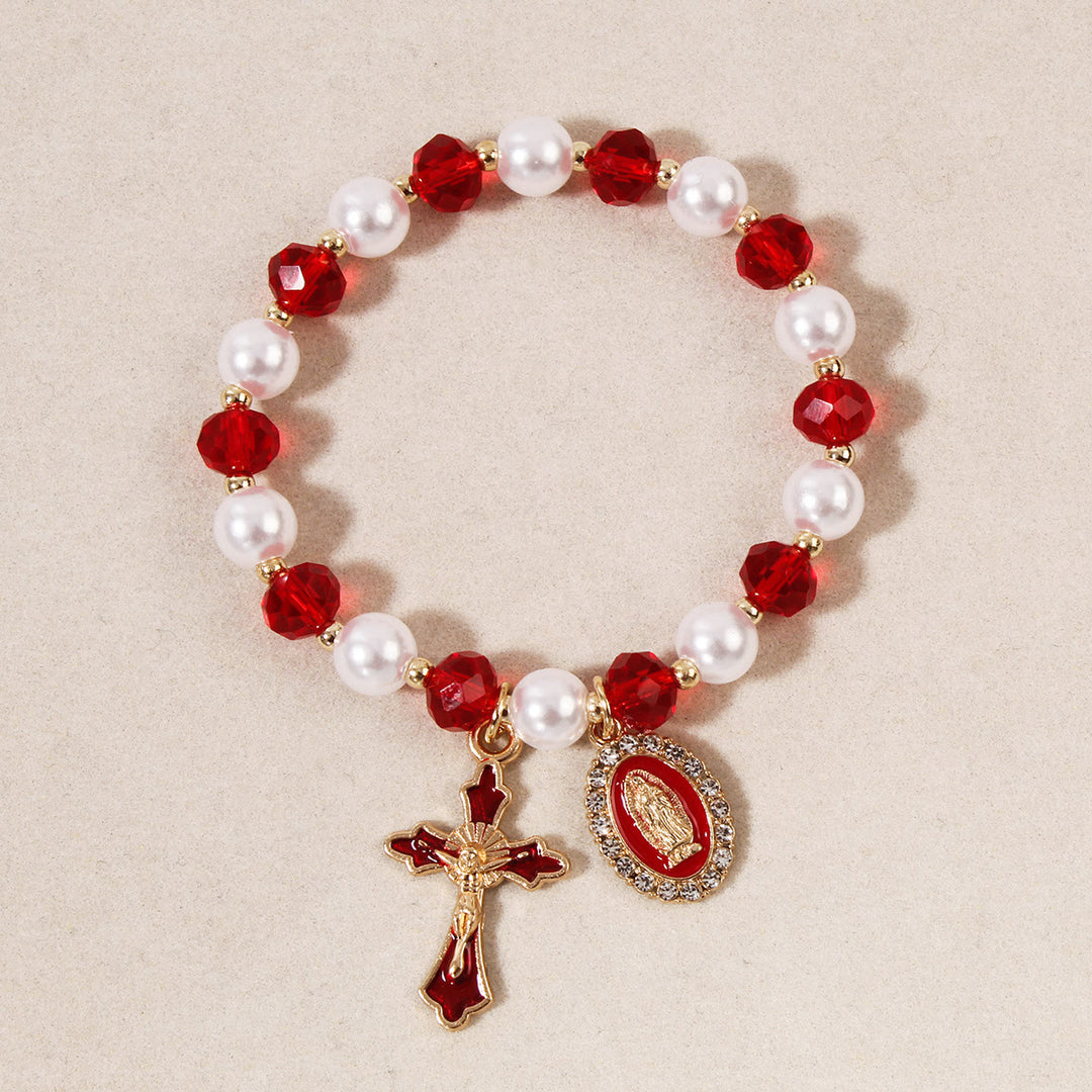 Christianartworkshop Bracelet à perles avec médaillon marial : ornements de Notre-Dame et breloque croix émaillée - Rouge - image 5