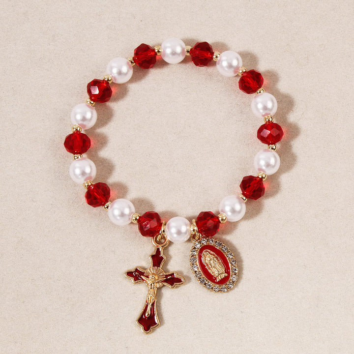 Christianartworkshop Bracelet à perles avec médaillon marial : ornements de Notre-Dame et breloque croix émaillée - Rouge - image 5
