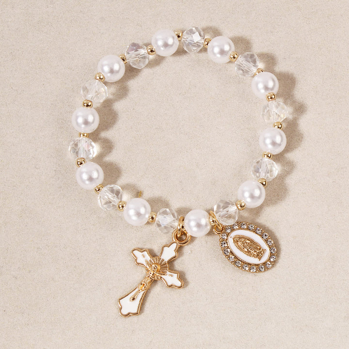 Christianartworkshop Bracelet à perles avec médaillon marial : ornements de Notre-Dame et breloque croix émaillée - Blanc - image 2
