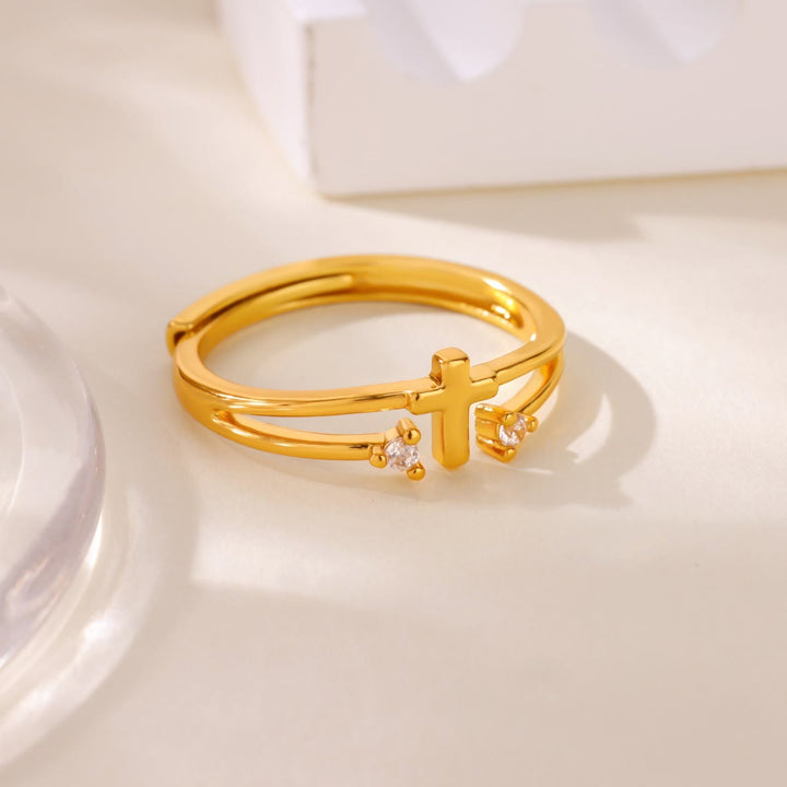 Christianartworkshop Bague double anneau en forme de croix ornée d'un zircon : un symbole de l'amour rayonnant du Christ - image 3