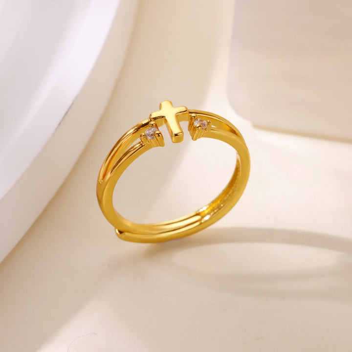 Christianartworkshop Bague double anneau en forme de croix ornée d'un zircon : un symbole de l'amour rayonnant du Christ - image 2