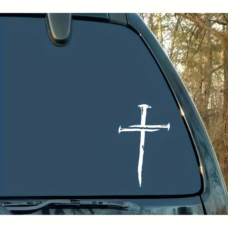 Christianartworkshop Autocollant en vinyle à motif croix vieillie : résistant aux intempéries, pour vitre de voiture - Blanc argenté - image 3