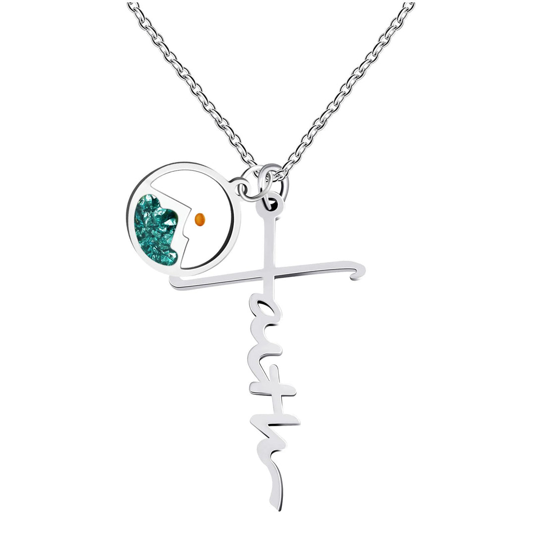 Christianartworkshop Collier Croix Graine de Moutarde Faith Script : Un symbole de foi capable de déplacer des montagnes - Argent + Vert - image 0