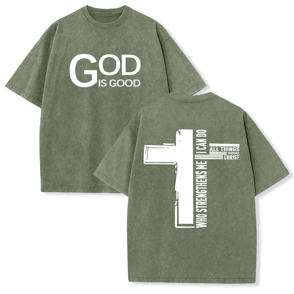 Christianartworkshop Dieu est bon Philippiens 4:13 T-shirt unisexe délavé avec croix - Vert armée - 5XL - image 9