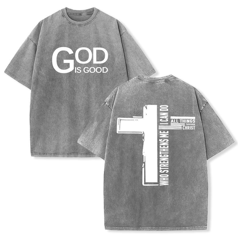 Christianartworkshop Dieu est bon Philippiens 4:13 T-shirt unisexe délavé avec croix - Gris - 5XL - image 3