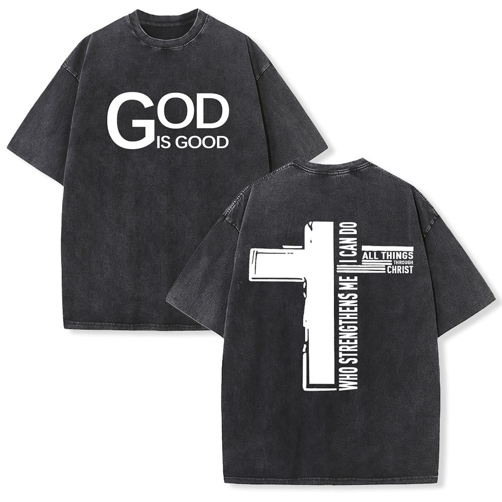 Christianartworkshop Dieu est bon Philippiens 4:13 T-shirt unisexe délavé avec croix - Noir - 5XL - image 0