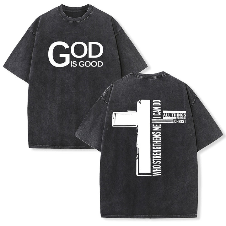 Christianartworkshop Dieu est bon Philippiens 4:13 T-shirt unisexe délavé avec croix - Noir - 5XL - image 0