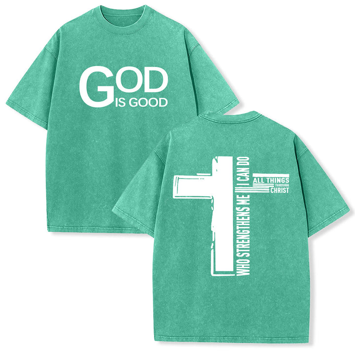 Christianartworkshop Dieu est bon Philippiens 4:13 T-shirt unisexe délavé avec croix - Vert - 5XL - image 6