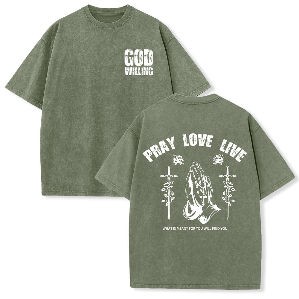 Christianartworkshop T-shirt unisexe lavé « Si Dieu le veut, priez, aimez, vivez » - Vert armée - 5XL - image 12