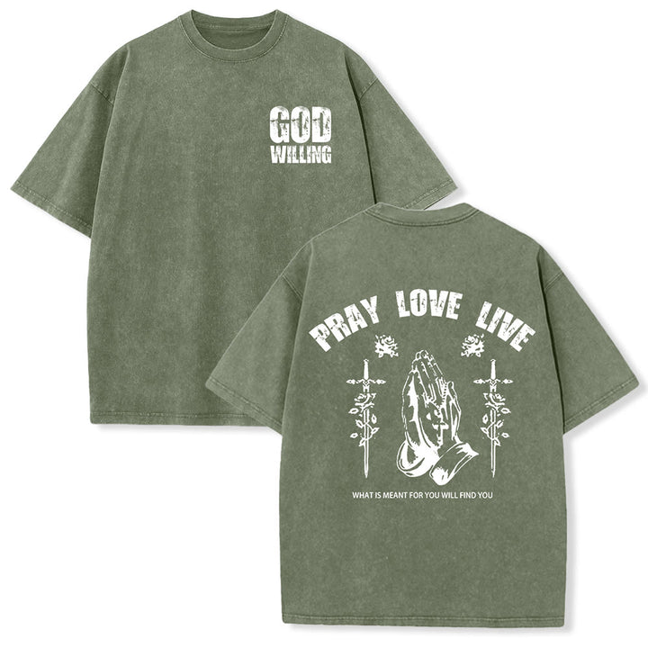 Christianartworkshop T-shirt unisexe lavé « Si Dieu le veut, priez, aimez, vivez » - Vert armée - 5XL - image 12