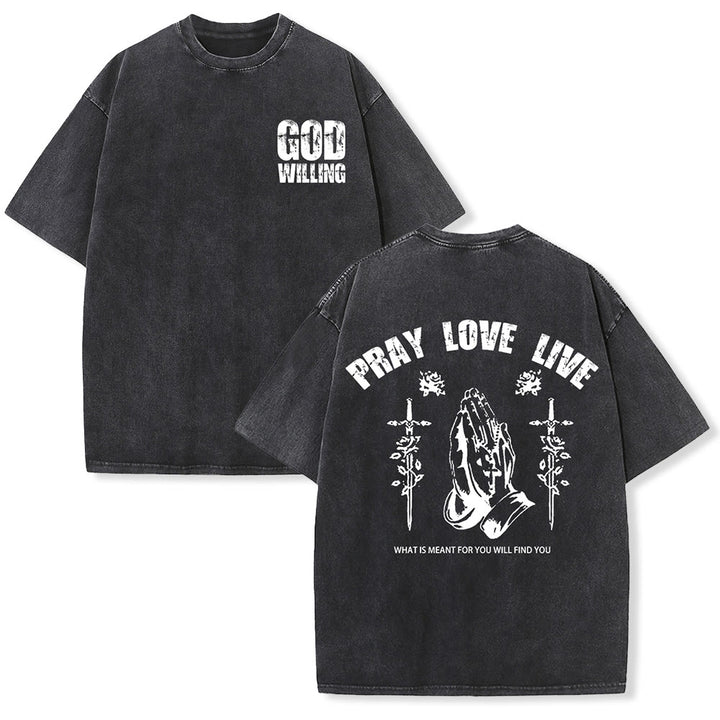 Christianartworkshop T-shirt unisexe lavé « Si Dieu le veut, priez, aimez, vivez » - Noir - 5XL - image 3