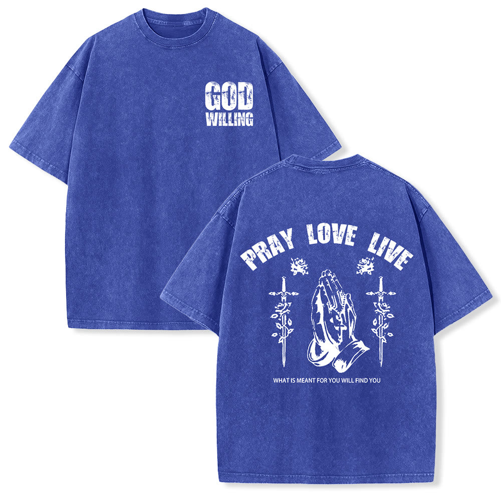 Christianartworkshop T-shirt unisexe lavé « Si Dieu le veut, priez, aimez, vivez » - Bleu - 5XL - image 0