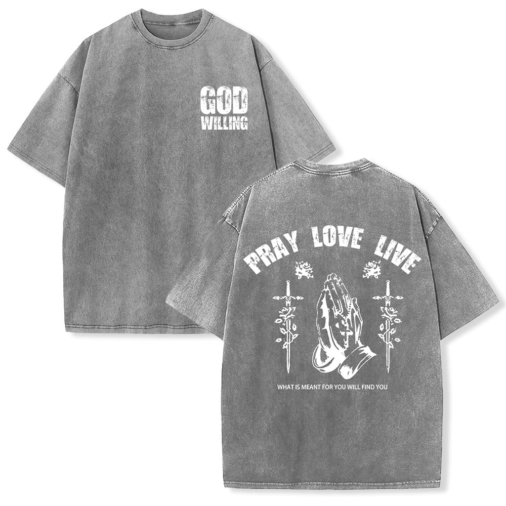 Christianartworkshop T-shirt unisexe lavé « Si Dieu le veut, priez, aimez, vivez » - Gris - 5XL - image 6