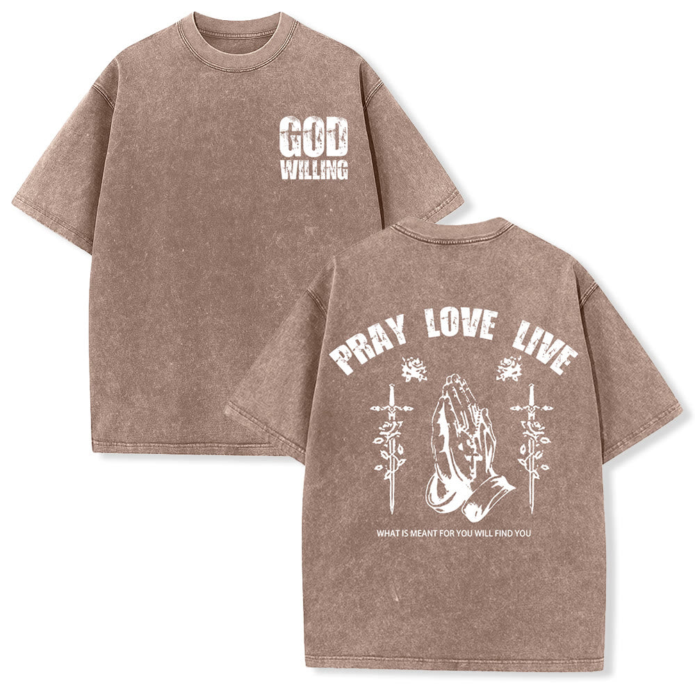 Christianartworkshop T-shirt unisexe lavé « Si Dieu le veut, priez, aimez, vivez » - Brun - 5XL - image 15