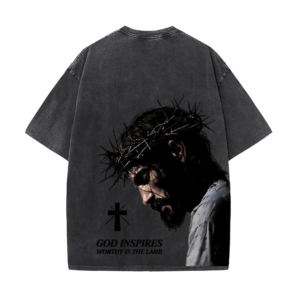 Christianartworkshop T-shirt unisexe délavé « Jésus plein de foi avec couronne d'épines » - image 4