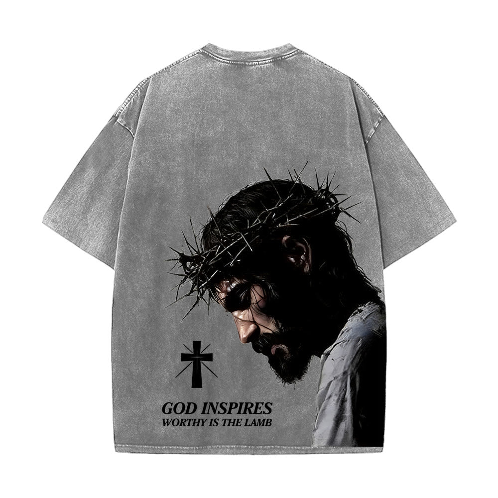 Christianartworkshop T-shirt unisexe délavé « Jésus plein de foi avec couronne d'épines » - image 1