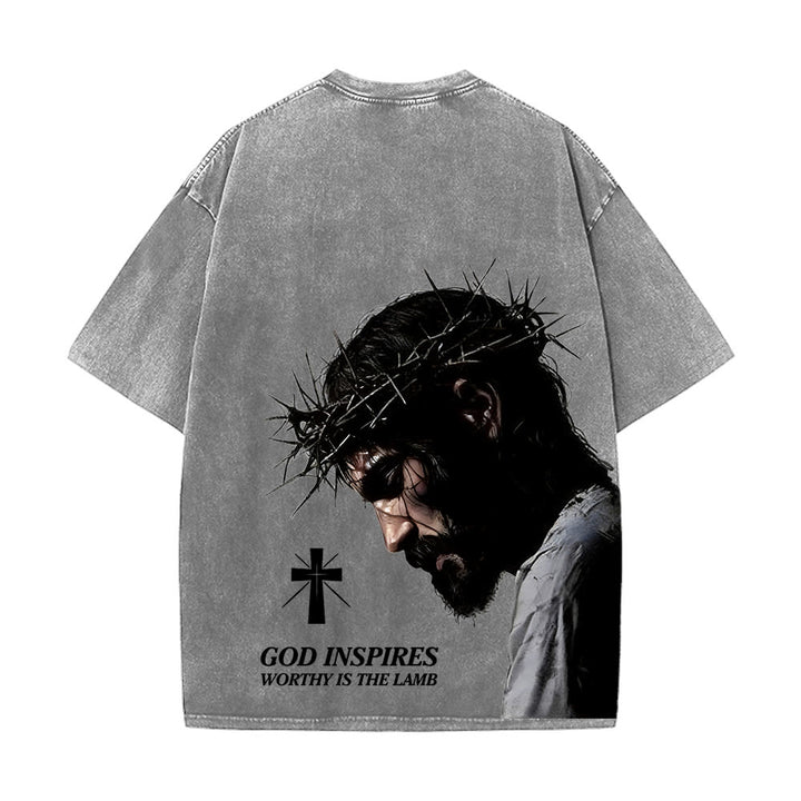 Christianartworkshop T-shirt unisexe délavé « Jésus plein de foi avec couronne d'épines » - image 1