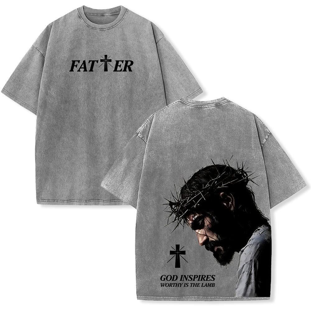 Christianartworkshop T-shirt unisexe délavé « Jésus plein de foi avec couronne d'épines » - Gris - 5XL - image 0