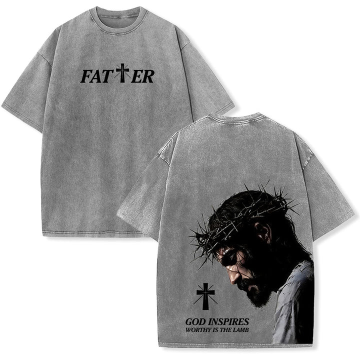 Christianartworkshop T-shirt unisexe délavé « Jésus plein de foi avec couronne d'épines » - Gris - 5XL - image 0
