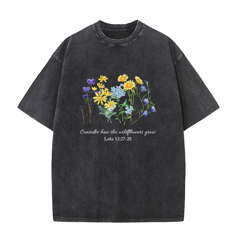 Christianartworkshop T-shirt unisexe délavé « Considérez comment poussent les fleurs sauvages » - Noir - 5XL - image 1