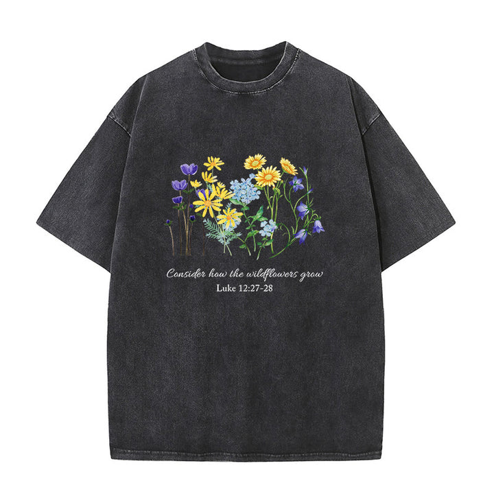 Christianartworkshop T-shirt unisexe délavé « Considérez comment poussent les fleurs sauvages » - Noir - 5XL - image 1