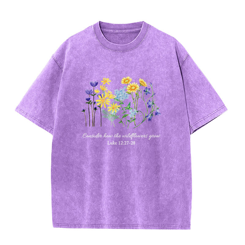 Christianartworkshop T-shirt unisexe délavé « Considérez comment poussent les fleurs sauvages » - Violet - 5XL - image 0