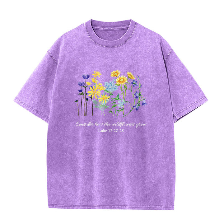 Christianartworkshop T-shirt unisexe délavé « Considérez comment poussent les fleurs sauvages » - Violet - 5XL - image 0