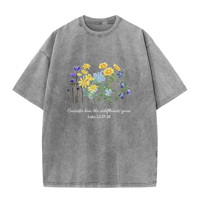 Christianartworkshop T-shirt unisexe délavé « Considérez comment poussent les fleurs sauvages » - Gris - 5XL - image 2