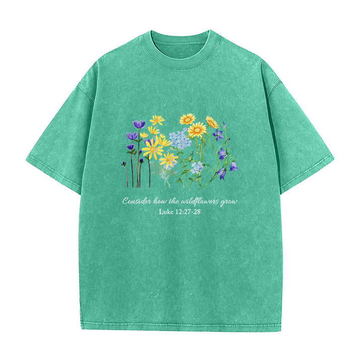 Christianartworkshop T-shirt unisexe délavé « Considérez comment poussent les fleurs sauvages » - Vert - 5XL - image 3