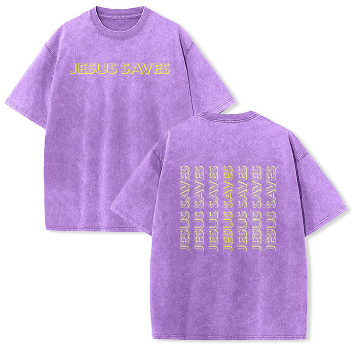Christianartworkshop T-shirt unisexe délavé « Jésus sauve » (texte répété) - Violet - 5XL - image 21