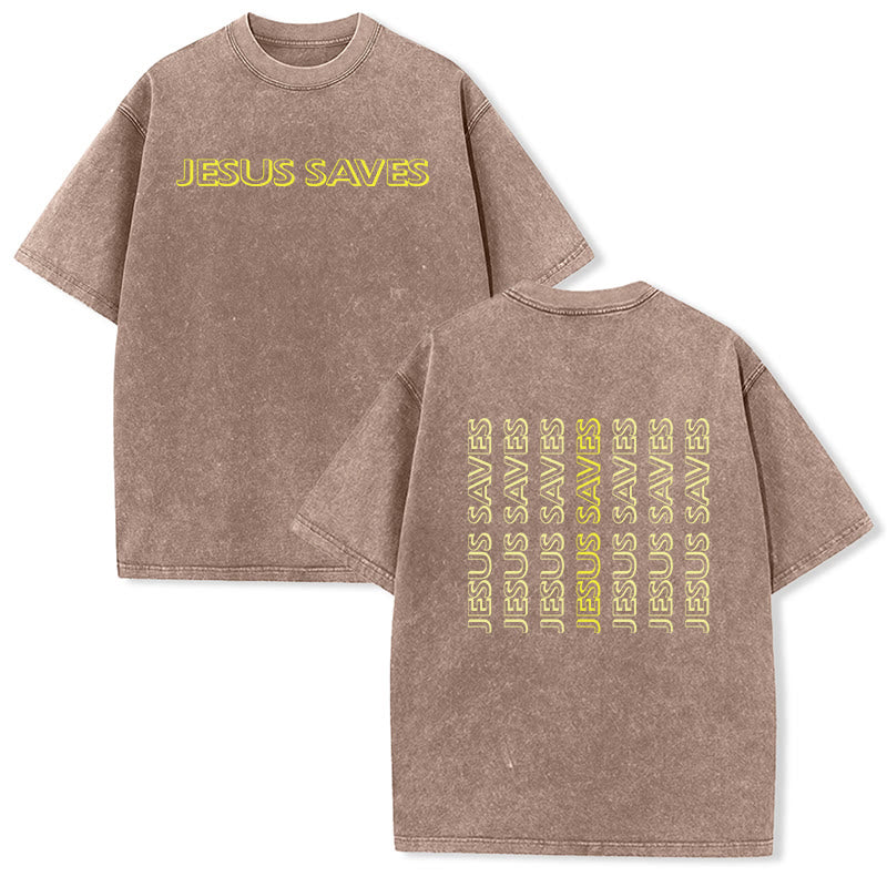 Christianartworkshop T-shirt unisexe délavé « Jésus sauve » (texte répété) - Brun - 5XL - image 15