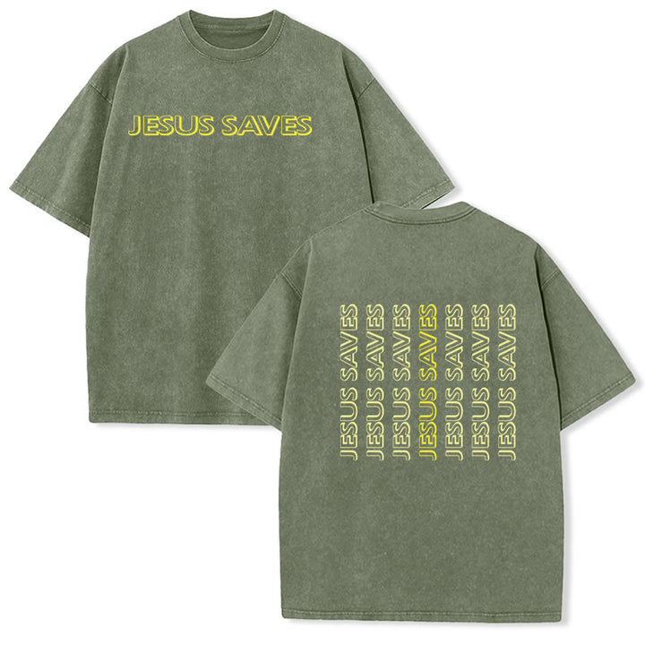 Christianartworkshop T-shirt unisexe délavé « Jésus sauve » (texte répété) - Vert armée - 5XL - image 12